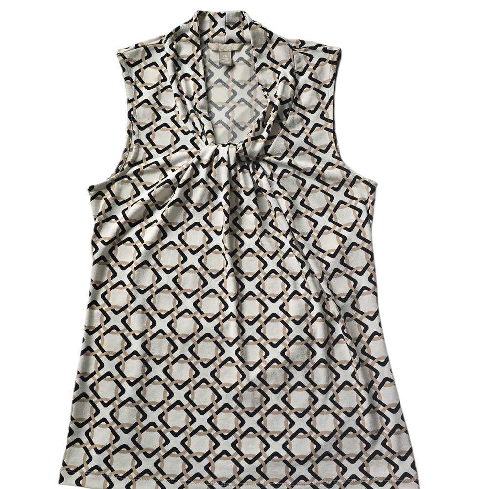 Banana Republic Black,Tan and Cream Patterned Blouse, Knot V Neck